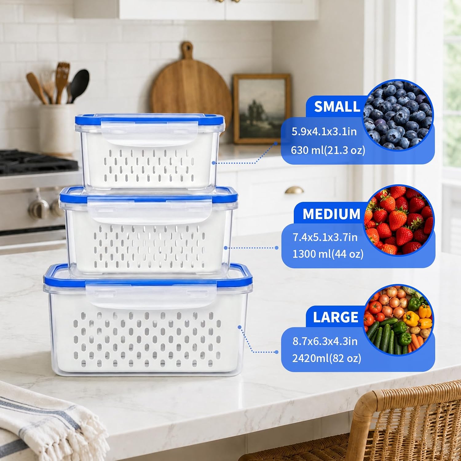 Fruit Containers 3Pcs with Removable Colanders & Lids, Fridge Fresh Storage