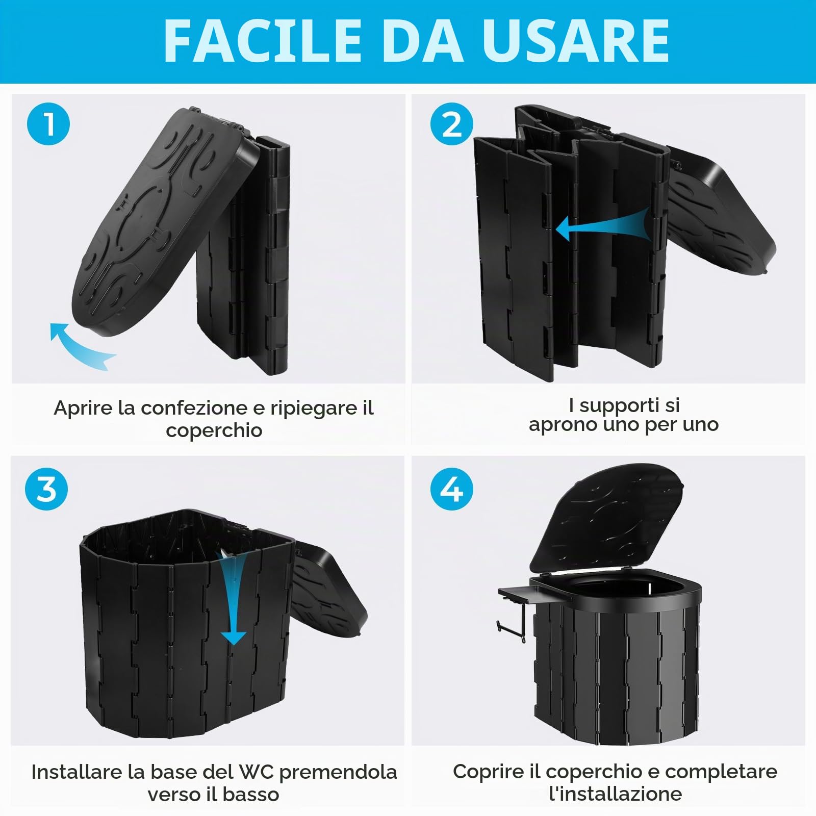 WC Portatile da Campeggio con Supporto e Borsa per la Conservazione Supporta Fino a 150KG Gabinetto Portatile Adulti 24 Sacchetti Lgienici per Camper, Escursionismo & Emergenze