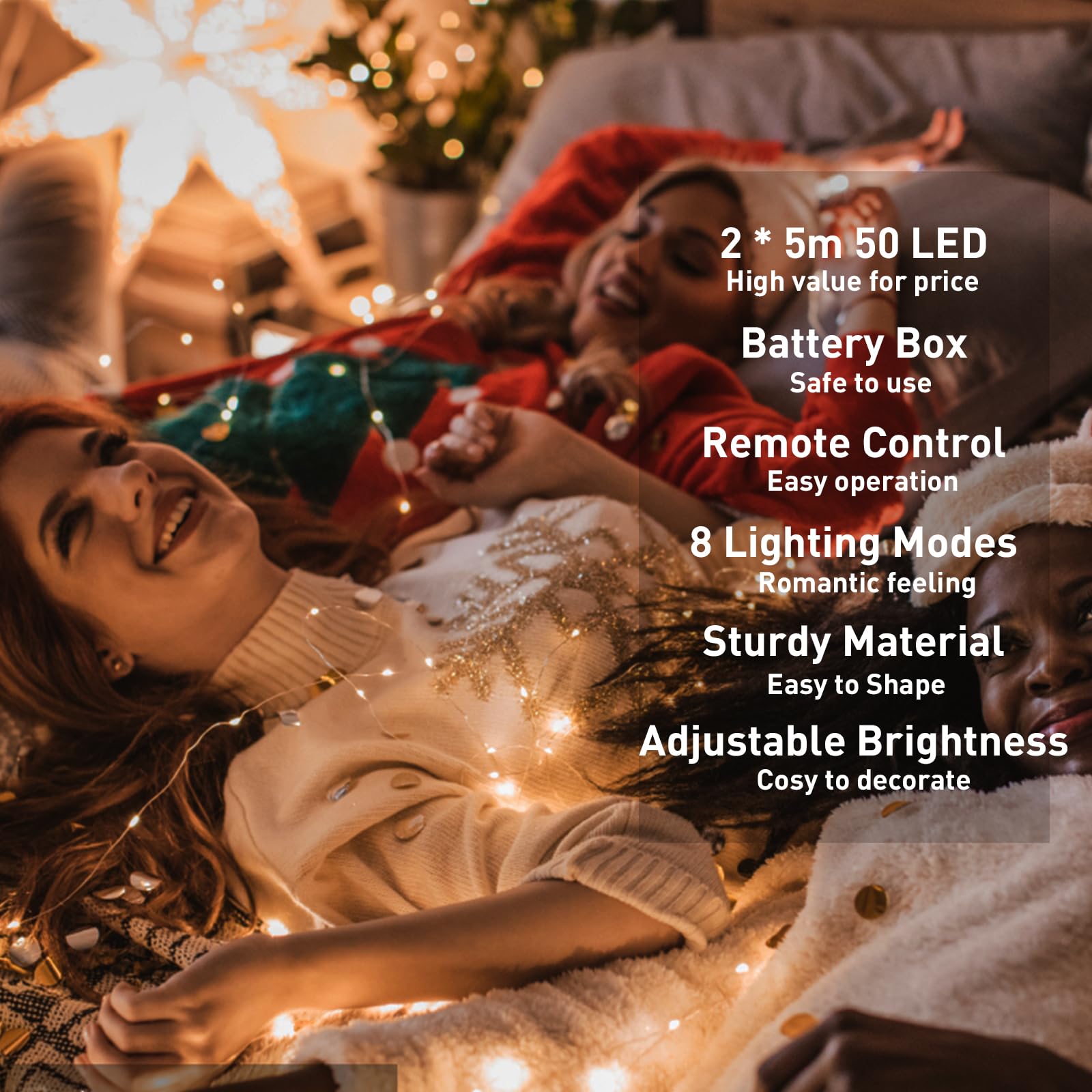 Guirlande Lumineuse à Piles 5m - 50 LEDs, 8 Modes, Télécommande Et étanche IP65 - Pour Déco Intérieur/extérieur
