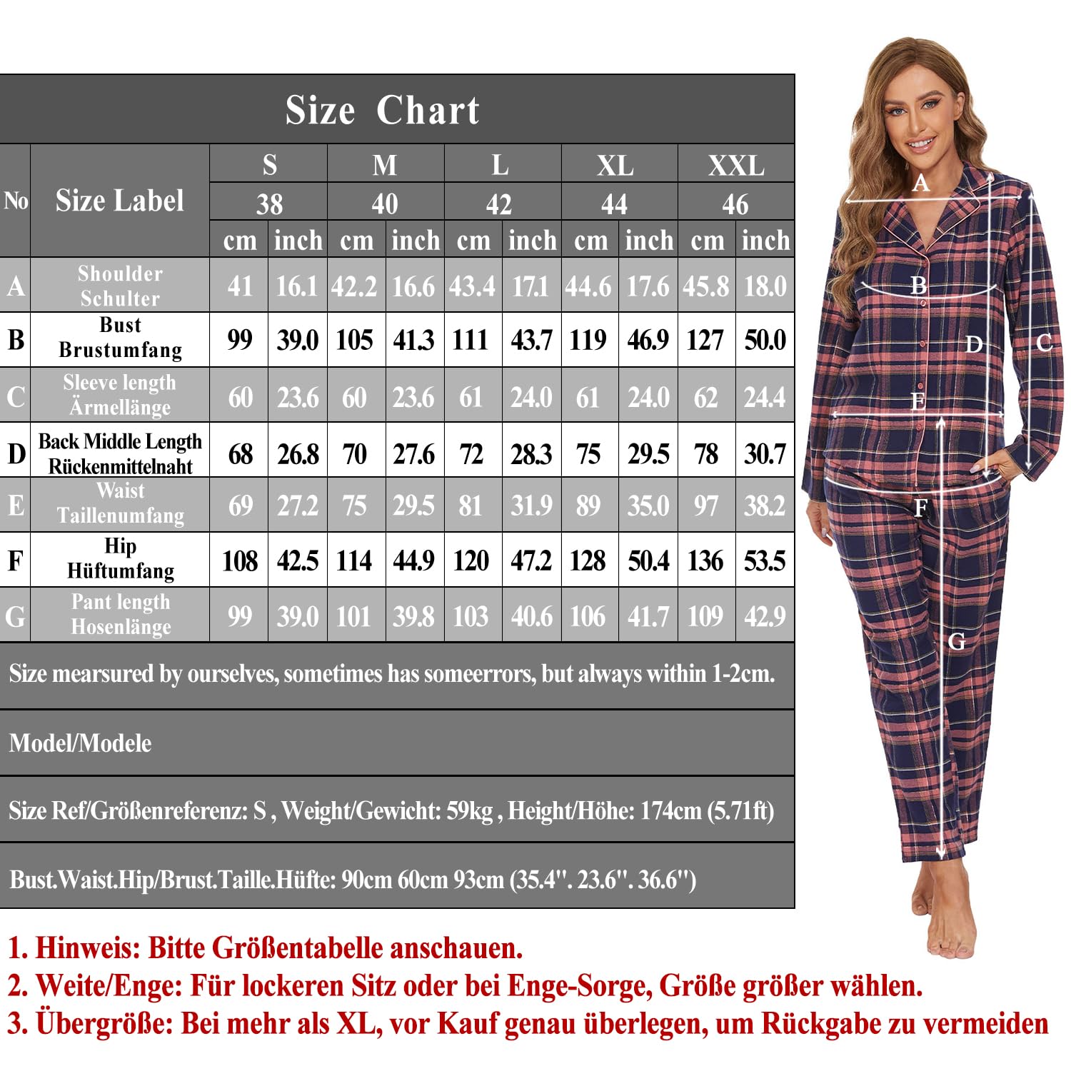 Mnemo Home Pijama largo de franela para mujer 100% algodón de franela