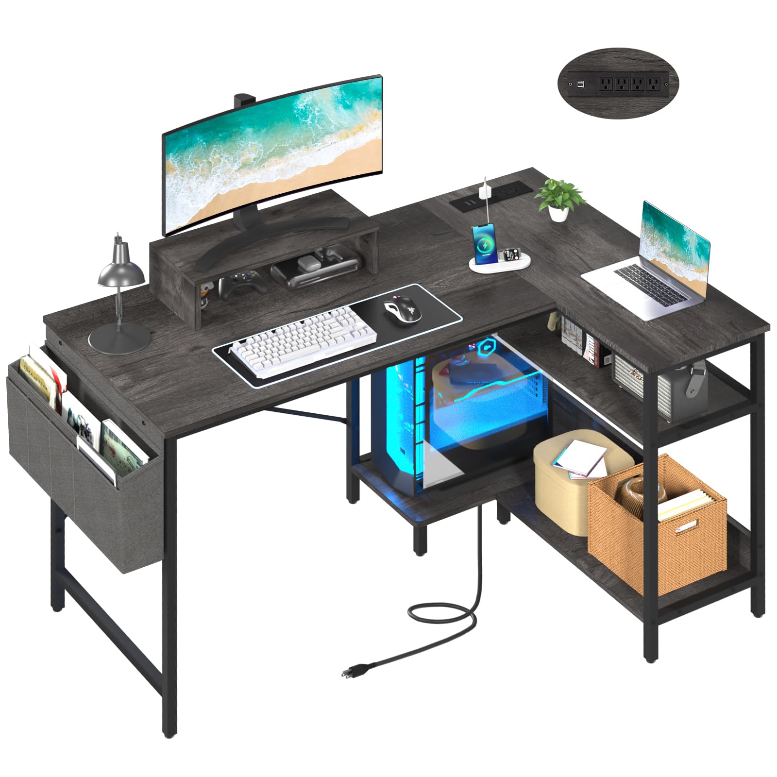 Photo 1 of Yoobure L Shaped Desk 47 Inch Computer Desk with Outlets & USB Ports Home Office Desk with Monitor Stand Corner Desk Home Office Grey