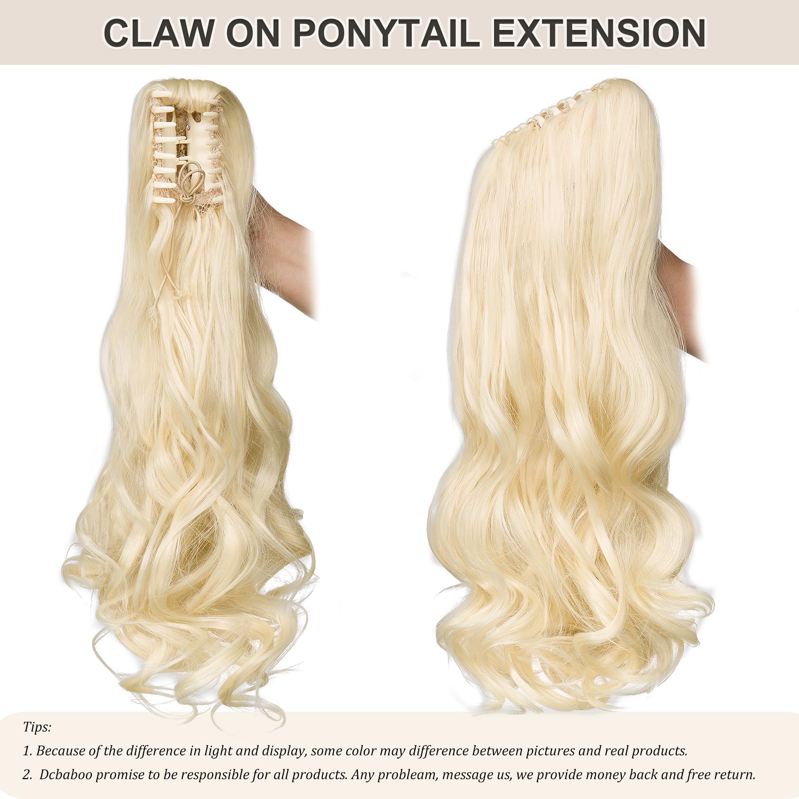 Dcbaboo Ponytail Extension Curly 18inch Claw Clip in Ponytail Hair Extensions Long Wavy Synthetic Pony tails Natural Wave One Piece Hairpiece Fake Ponytail for Women Bleach Blonde - Image 4