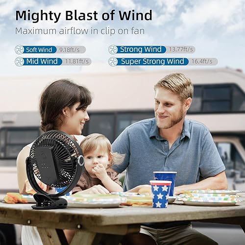 Miniatura 3 de Ventilador portátil recargable de 10000 mAh, 30 horas, ventilador de clip de 8 pulgadas, ventiladores USB, 4 velocidades, fuerte flujo de aire,