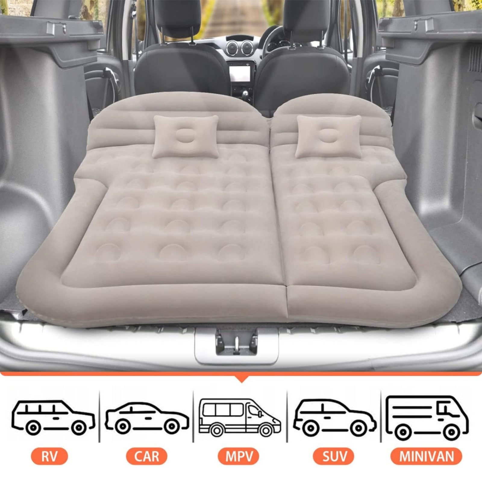 Materasso ad aria per auto, con pompa ad aria e 2 cuscini, universale, per bagagliaio e SUV, campeggio, viaggi, esterni, 175 cm x 130 cm, grigio