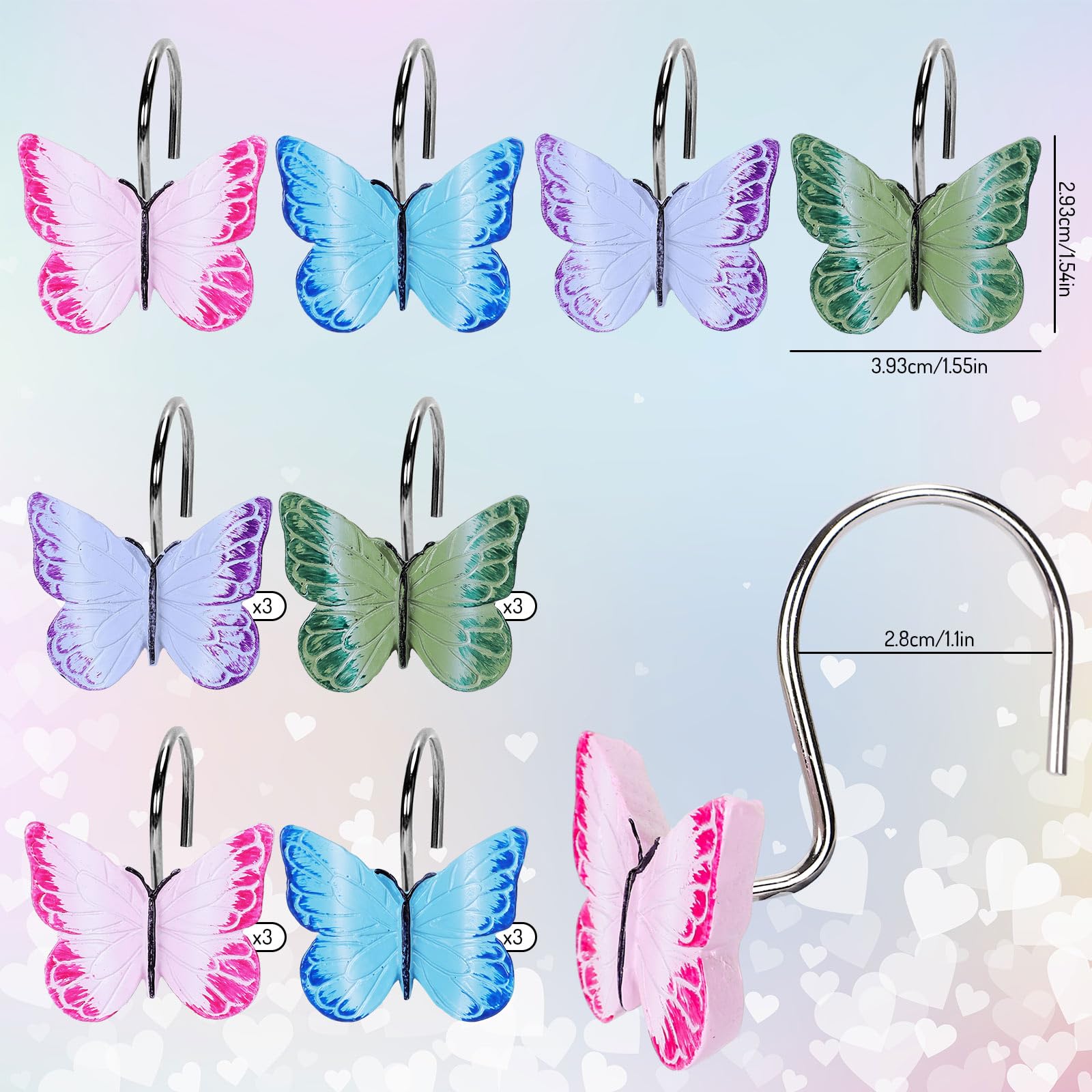 Whaline Duschvorhanghaken Mit Schmetterlingen – 12 Stück, 4 Designs, Bunt, Aus Harz & Metall, Für Bad & Deko