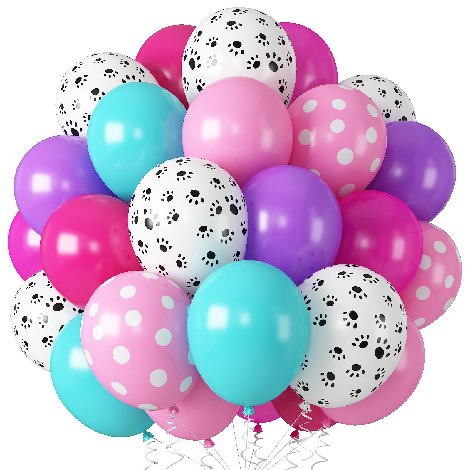Dog Paw Balloons, 55 PCS 12 Inch Hot Pink Purple Blue Balloons with Paw Print Balloon, Teal Blue Pink Dot Balloon for Girl Kid Dog Themed Birthday