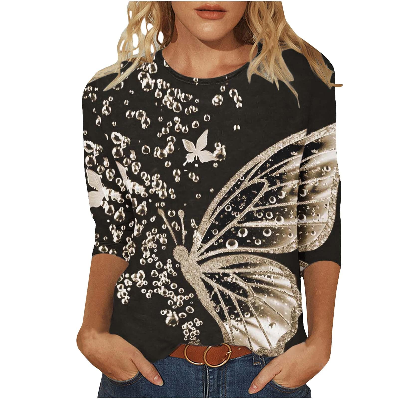 Womens 3/4 Length Sleeve Tops Vintage Elegant Crewneck Floral Printed Summer Tops Lightweight Cozy Loose Fit Blouse