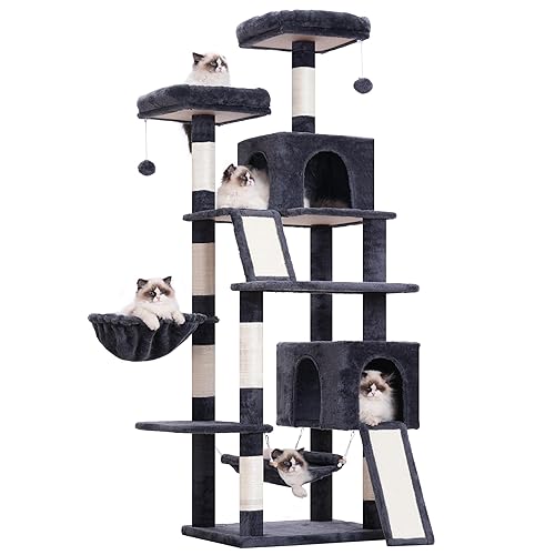 Gitelsnour Cat Tree for Indoor Cats, 71'' (180cm) Multi-Level Cat Tower for Large Adult, Sturdy Cat Tree House with 2 Scratching Boards 7 Posts, 2 Plush Perches/Condos, Hammock, Smoky Gray GCT032G - 70.8in（180cm) - Smoky gray