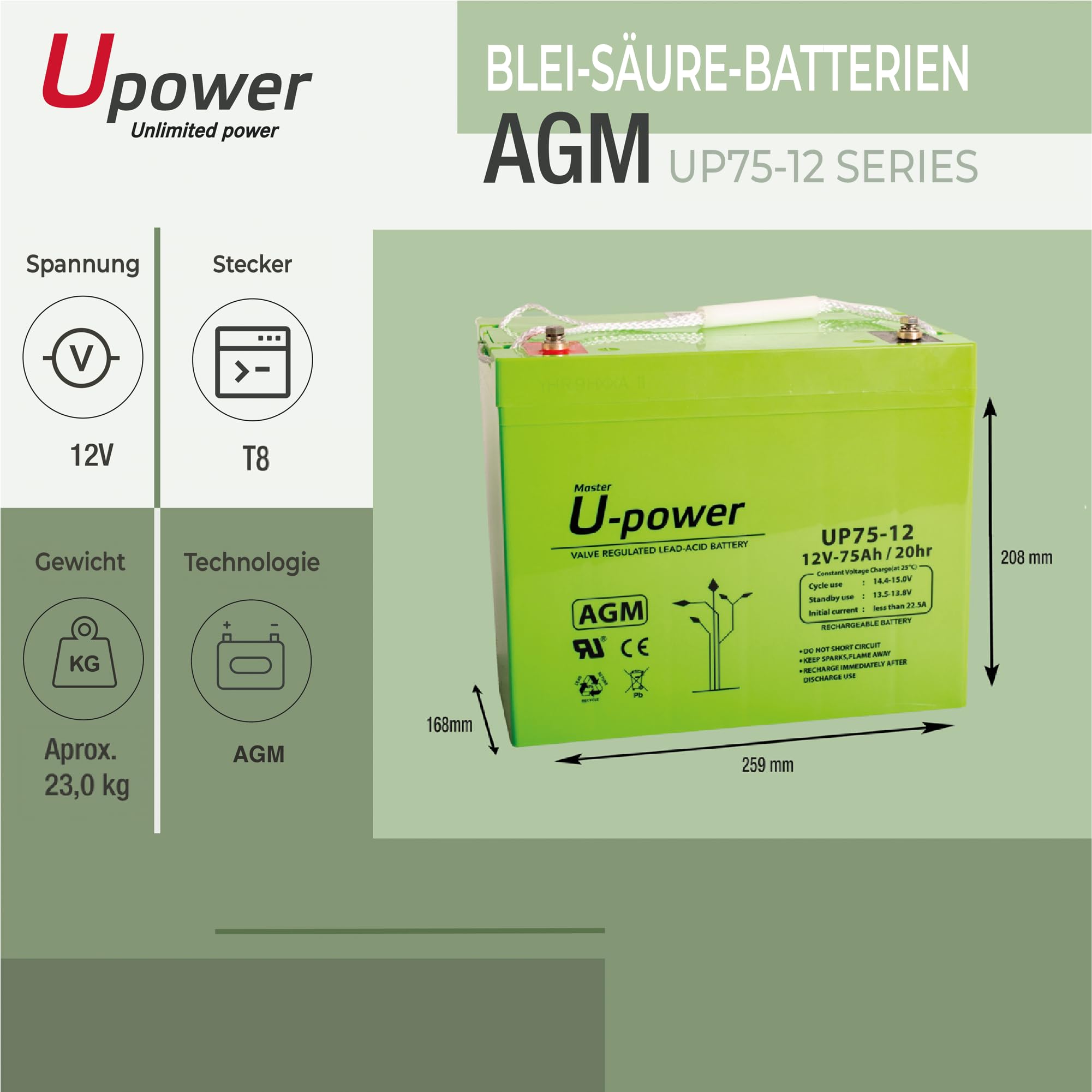 U-Power Batterie au Plomb Rechargeable AGM scellée 12 V 75 Ah Utilisation générale comme alarmes, UPS/SAI, sécurité, Jouets, etc. Borne à vis métrique M6
