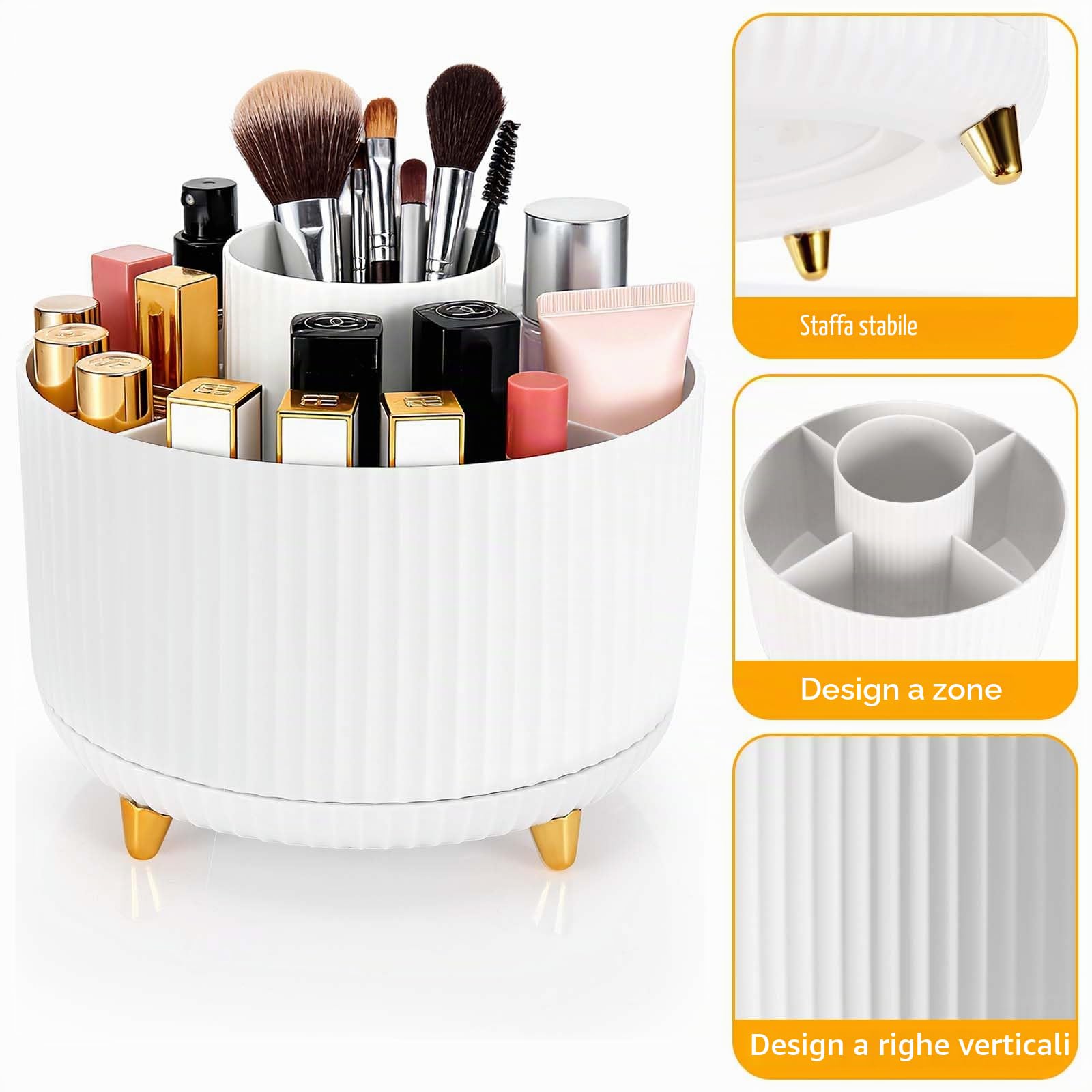 360° Rotante Porta Trucchi Organizer, Spazzola per Trucco 5 Griglie, Multifunzione Organizer per Trucco Cosmetico, Organizer Girevole per Comò, Camera da Letto, Bagno (Bianco)