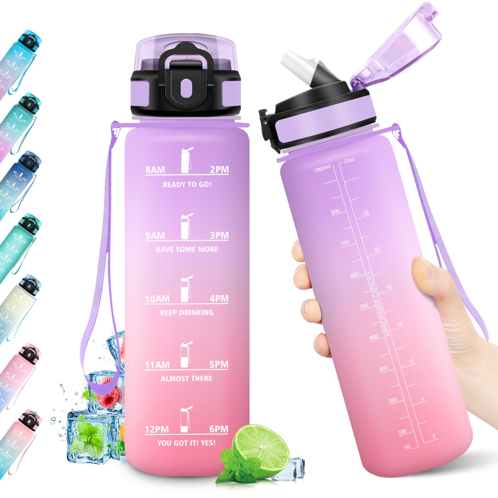 Borraccia 1L, Bottiglia con Indicatore del Tempo Motivazionale, Bottiglia con Cannuccia, Riutilizzabile, senza BPA, A Prova di Perdite, per Fitness, Scuola, Ufficio, Ciclismo, Alpinismo, Yoga