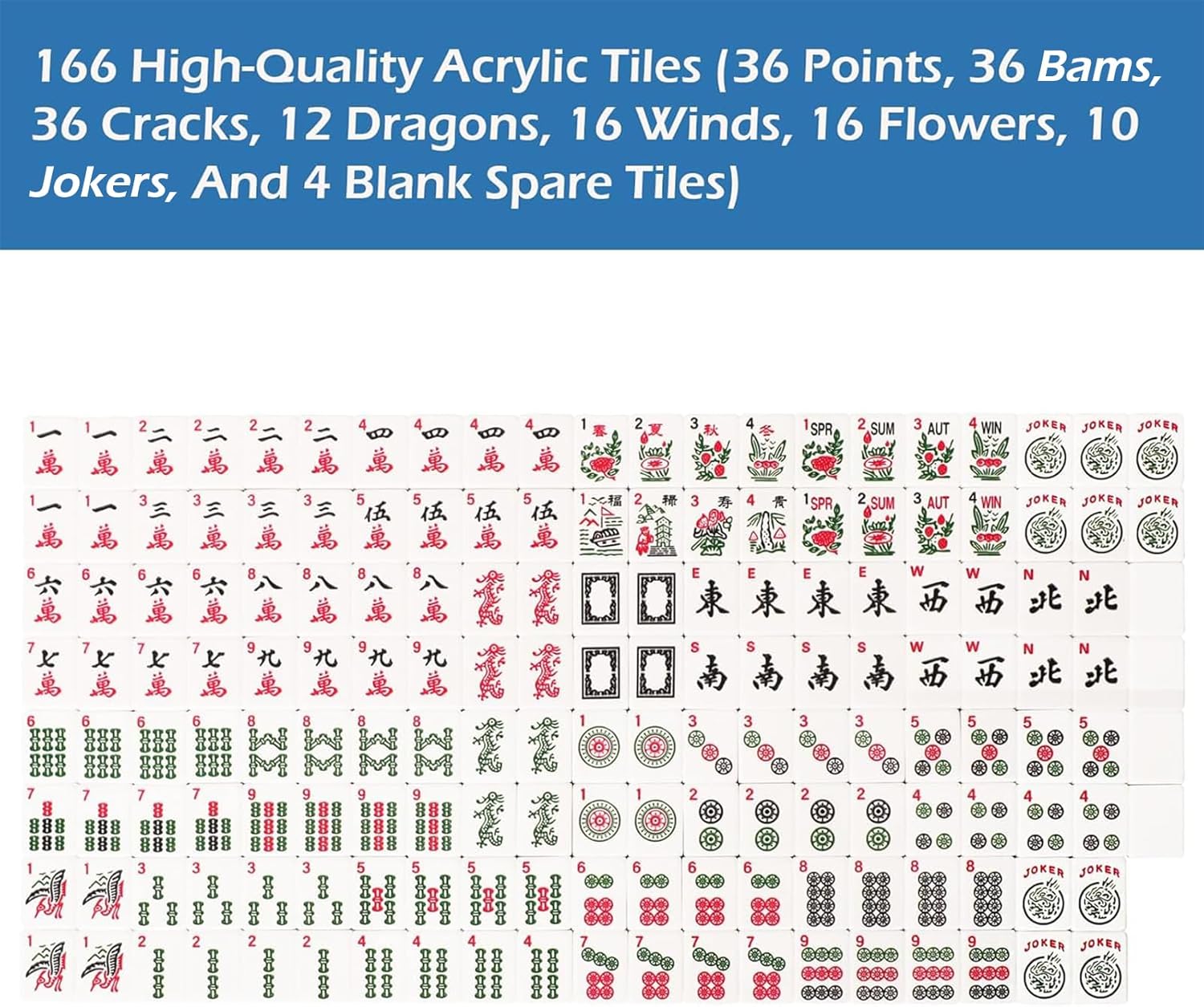Set of American Mahjong Tiles, 166 Quality Acrylic Tiles with Blue Prints(1.2”,Tiles Only Set)