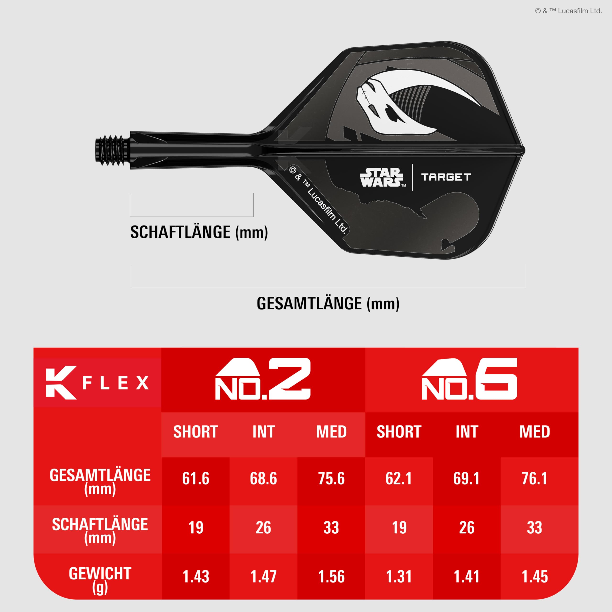 Target Darts Star Wars Mandalorian K-Flex integrierte Dart Flights & Shafts | Von Charakteren inspiriertes 3er-K-Flex-Set, No.2 & No.6 | Disney K-Flex Zubehör in Short, Intermediate & Medium