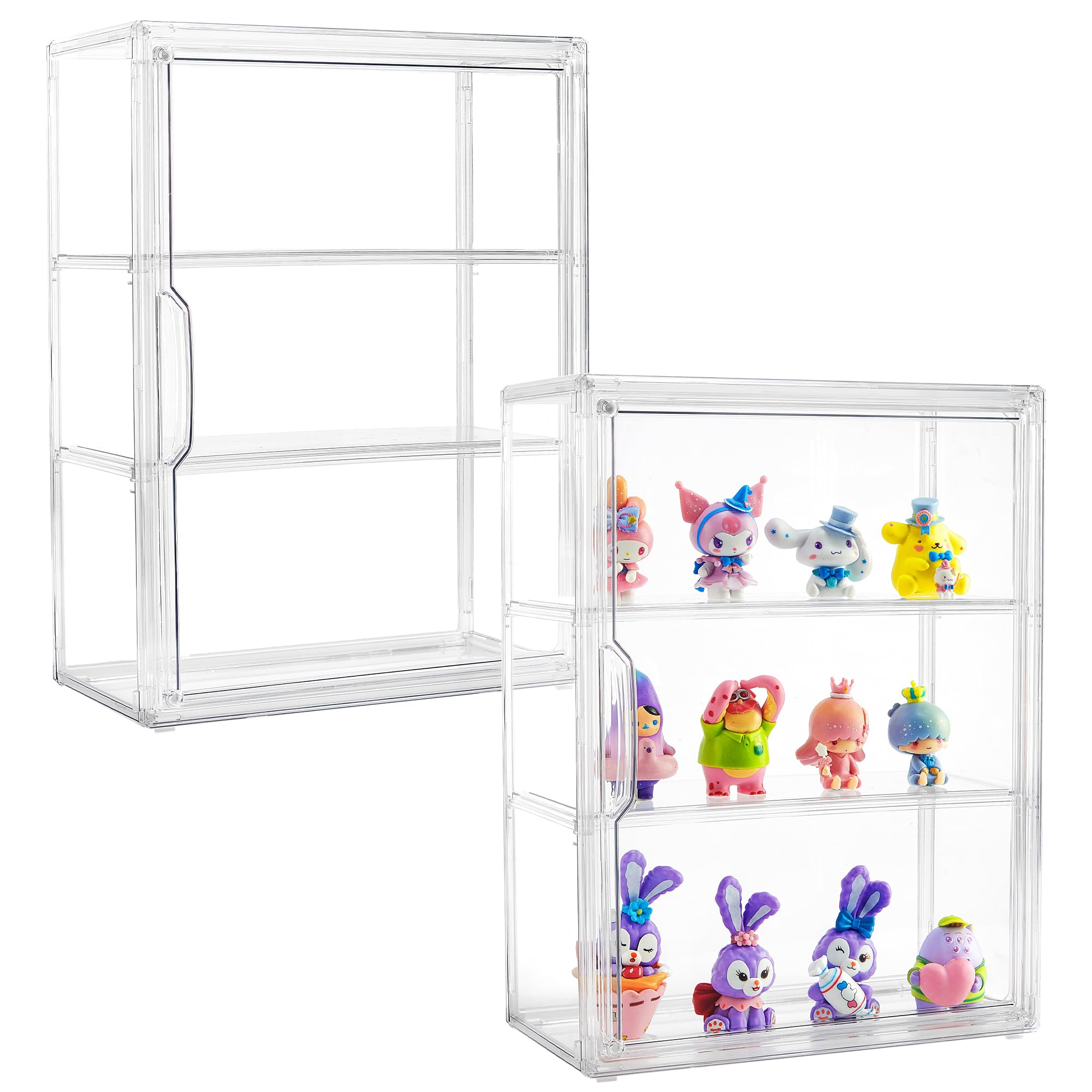 Acrylic Display Case for Collectibles 3 Tier Figure Display Case with 2 Movable Plates Clear Display Case for Figures with Magnetic Door Tall Display Box, 2 Pack