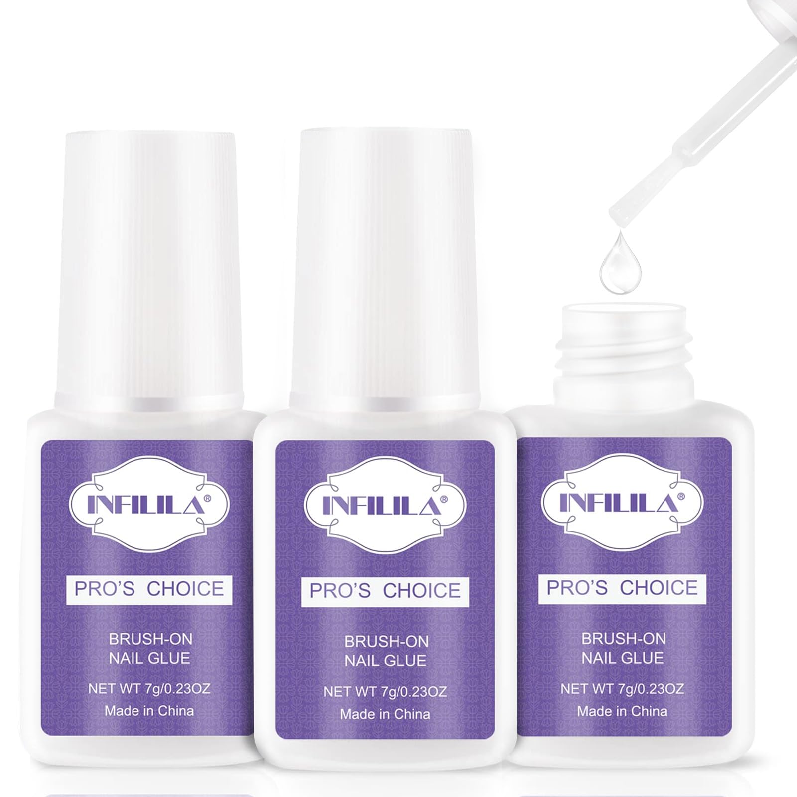 NXJ INFILILA Professional Brush On Nail Glue, Arcrylic Nail Glue for Acrylic Nails, Strong Nail Glue Professional Nails Glue, Adhesive Press On Nail Glue Bulk Long Lasting 7ML/0.23OZ(3PCS)