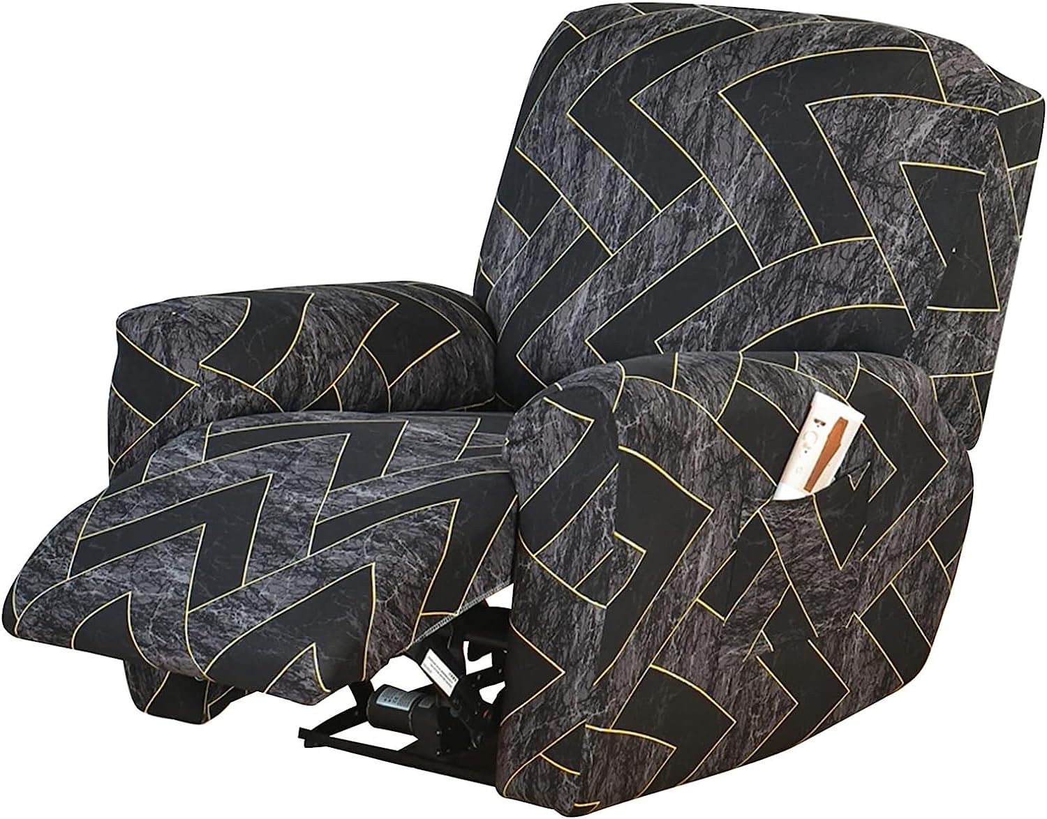 House of Quirk Recliner Slipcover 4 Pieces Stretch Printed Chair Covers with Side Pocket Sofa Couch Cover Anti-Slip Fitted Recliner Cover Furniture Protector - Black Trellis-picture-15