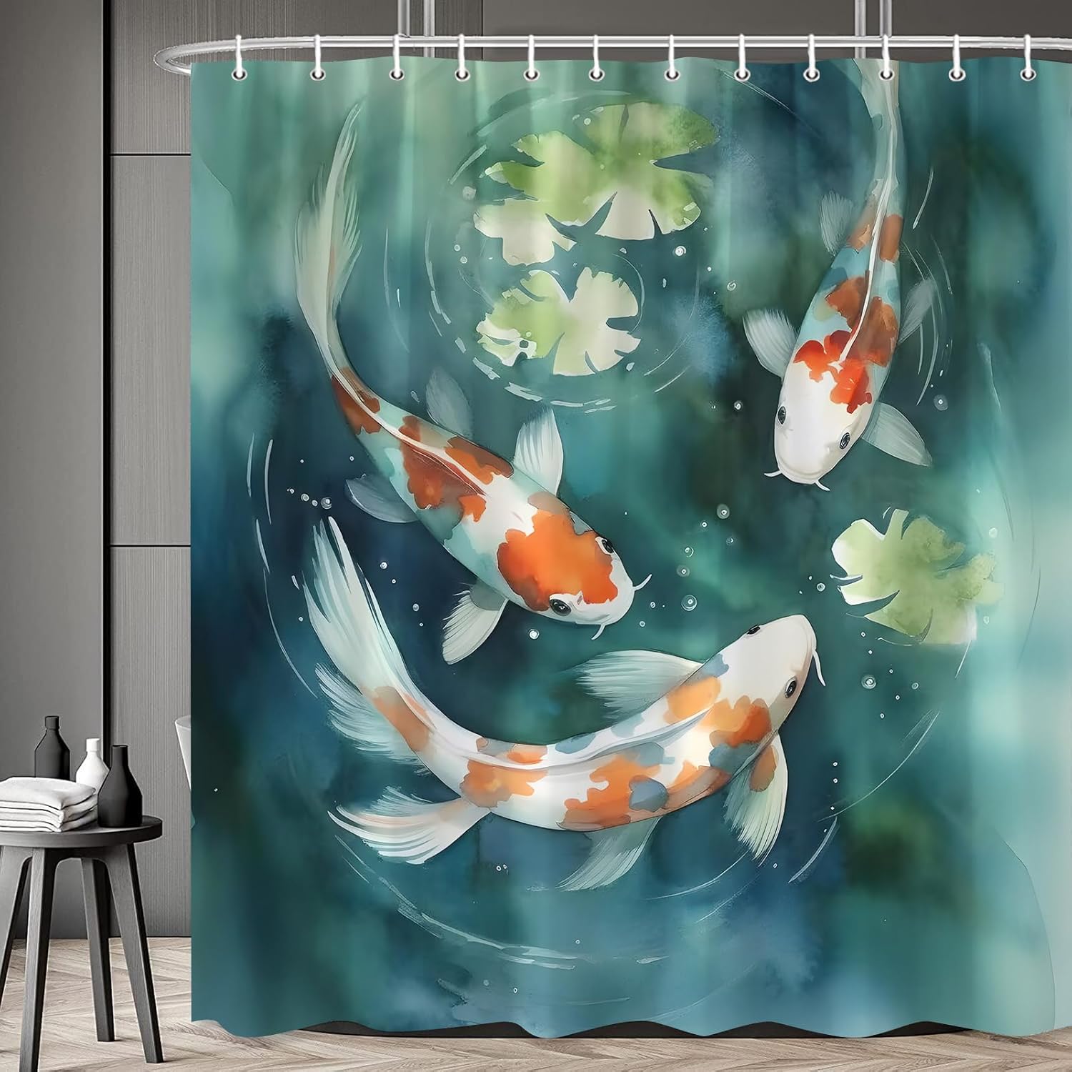 Koi Fish Shower Curtain Asian Japanese Art Bathroom Curtains Colorful Carp Lotus Leaf Pond Oriental Traditional Watercolor Ink Painting Bathtub Decor Include Hooks 108 x 70 in