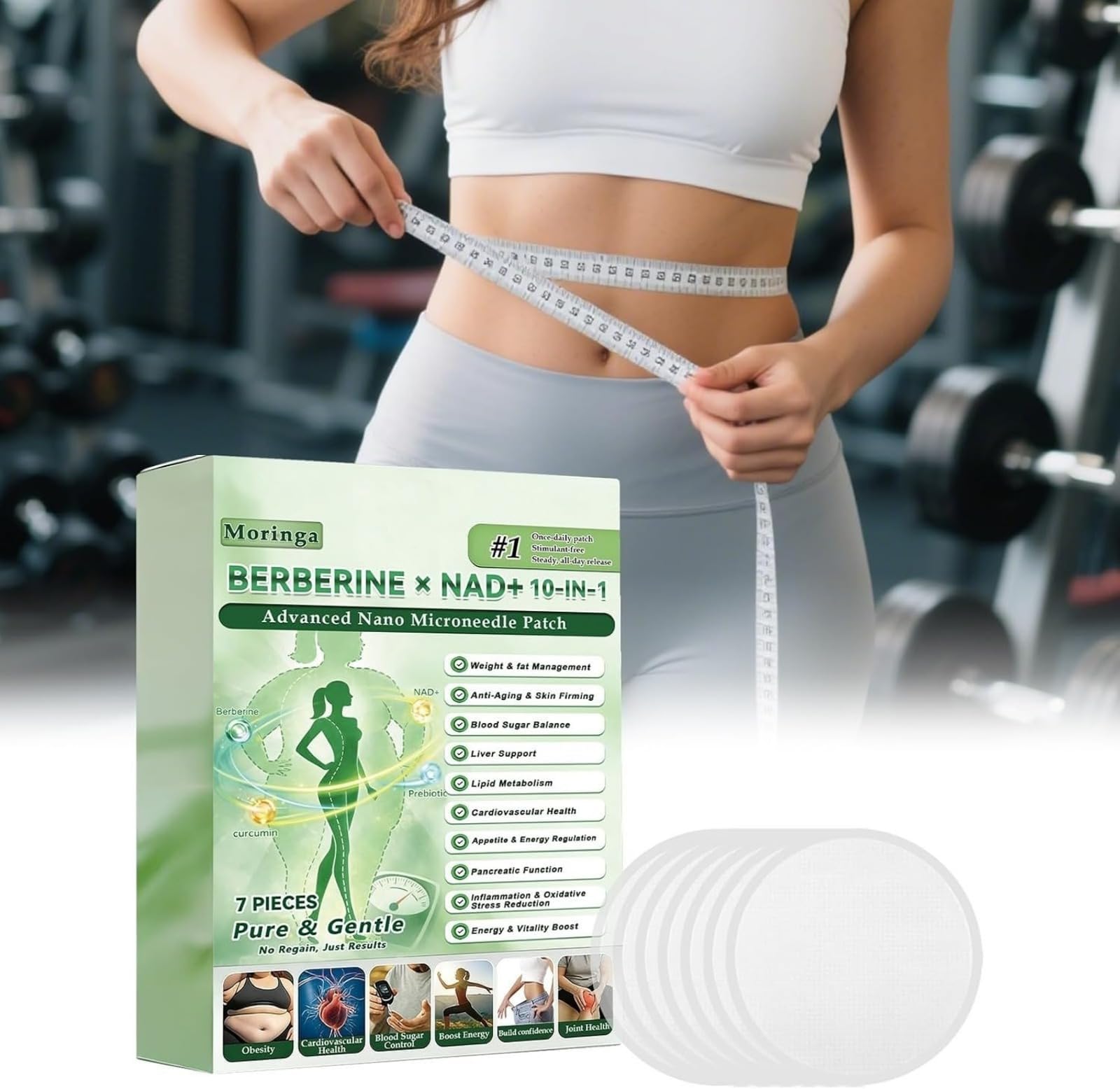 Patchs Nano-MicroAiguilles Moringa BERBERINE x NAD+ 10-en-1 | | Patch Nano Microneedle Minceur, Ingrédients Naturels, Facile à Appliquer, Invisible Sous les Vêtements
