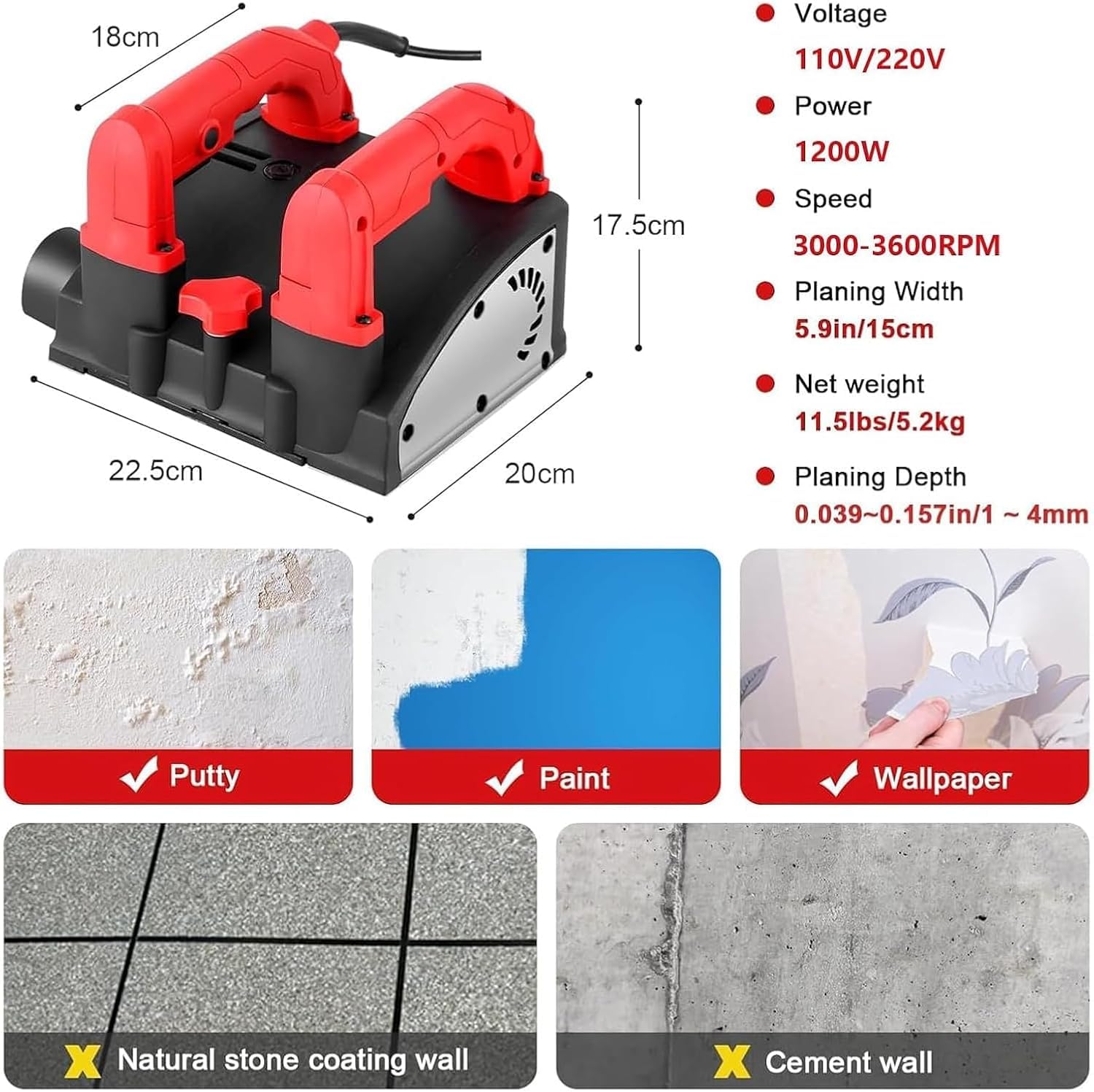 Rascador eléctrico de pared y cepilladora de hormigón, profundidad de corte ajustable de 1 a 4 mm, herramienta multifuncional de eliminación de pintura y masilla para reparación de paredes, incluye