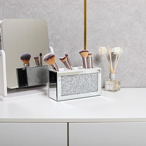 Miniatura 2 de SWTHONY Organizador de brochas de maquillaje plateado, brillante con 3 ranuras de cristal de diamante triturado con espejo de cepillos cosméticos,