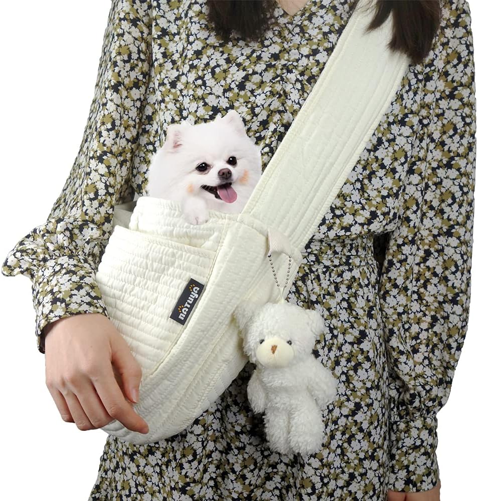 Small Dog Carrier Sling Cat Sling,Adjustable Strap Hand Free Pet Puppy for Outdoor Traveling Subway (White, Canvas)