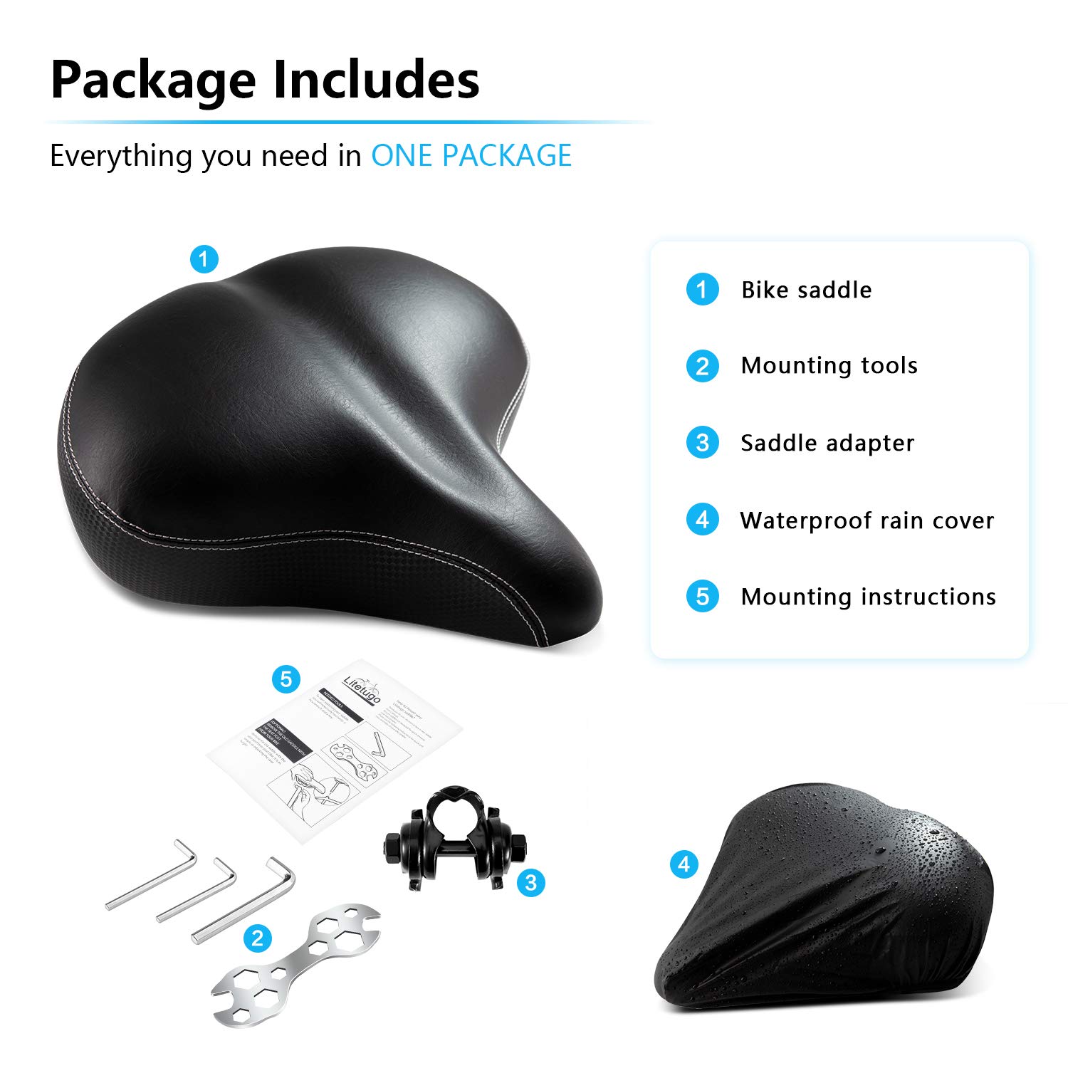 Litetugo Bicycle Seat, Most Comfortable Extra Large Bike Seat, Wide