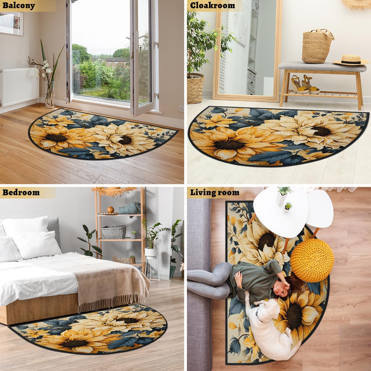 Mexpekil Paillasson bohème motif tournesols en demi-lune pour intérieur et extérieur - Tapis de sol antidérapant - Lavable - Absorbant la saleté - Demi-rond - 100 x 160 cm