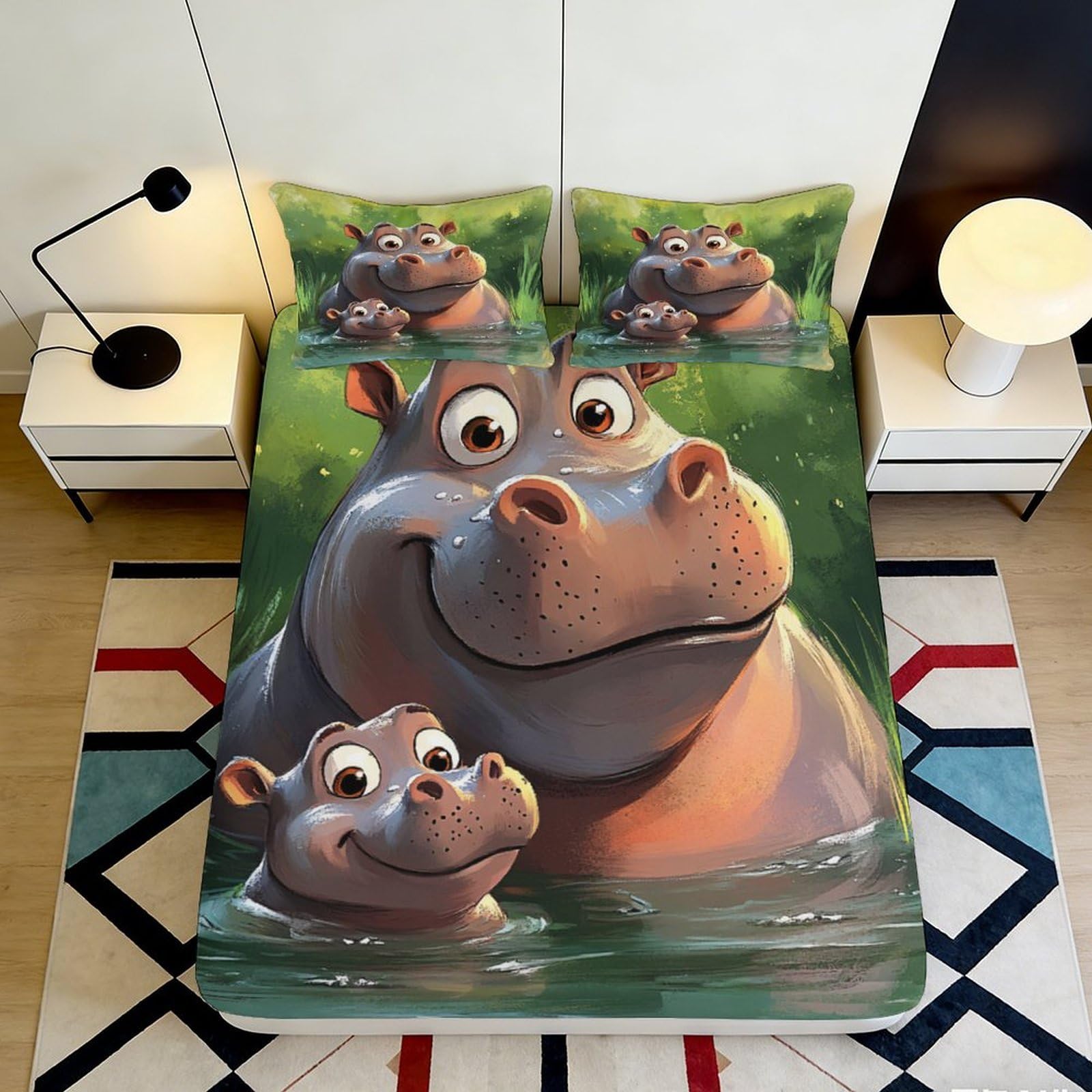 Pnayamiorkfel Style-1 3D Printed Cartoon Hippo Fitted Sheet Microfiber Soft Breathable Animal Family Mattress Cover For Bedroom Dorm Decor 90X200x25cm