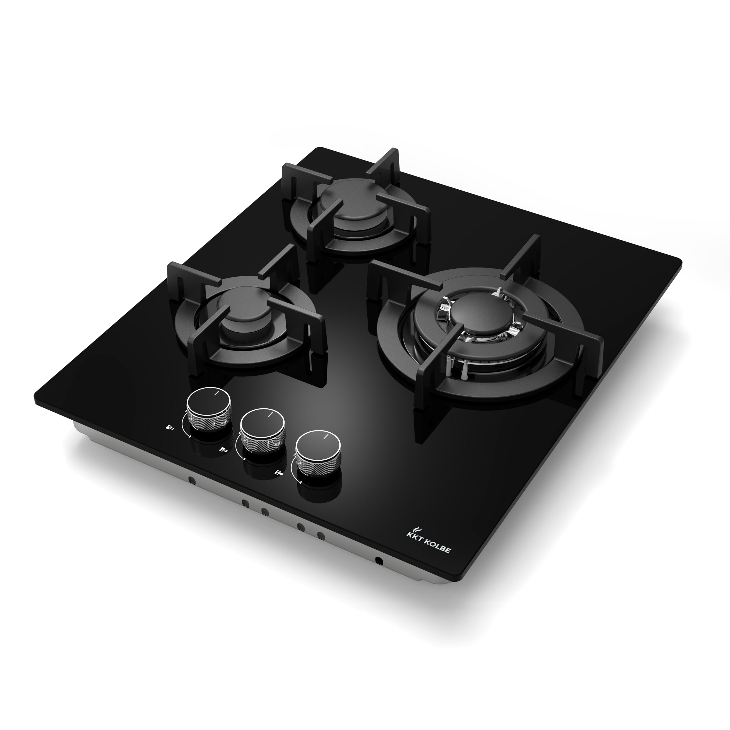 KKT KOLBE G453G Plaque de cuisson à gaz 45 cm, autonome, 6,2 kW, 3 feux, réglable en continu, zone wok, sans cadre, commande à bascule, support de casserole en fonte, verre, gaz propane, gaz naturel