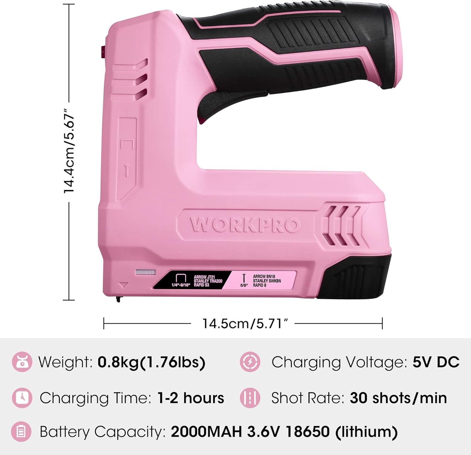 Diagram showing the dimensions, weight, charging voltage, charging time, shot rate, and battery capacity of the staple gun