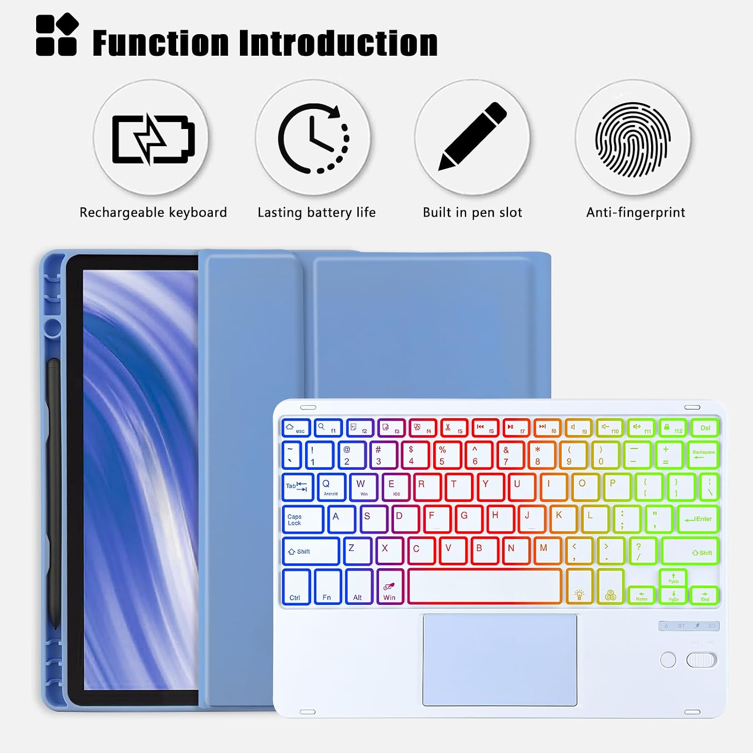 MePadKey Trackpad Keyboard Case for Amazon Fire HD 10/10 Plus 10.1 inch 2021/2023(11/13th Generation),7-Color Backlight Rechargeable Keyboard with Kids Multi-Angle Cover for Tablet (Blue)