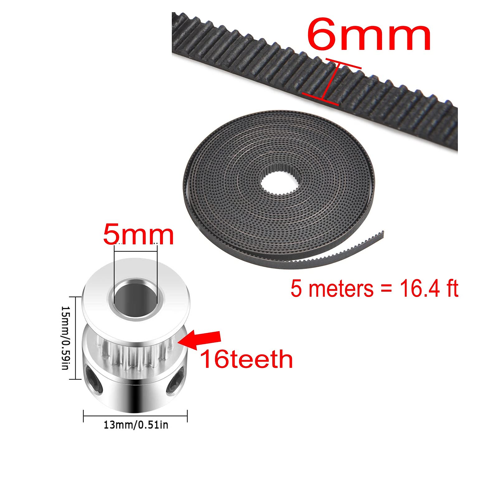 Correa de distribución GT2 6mm x 5m con polea 16 dientes 5mm para impresora 3D
