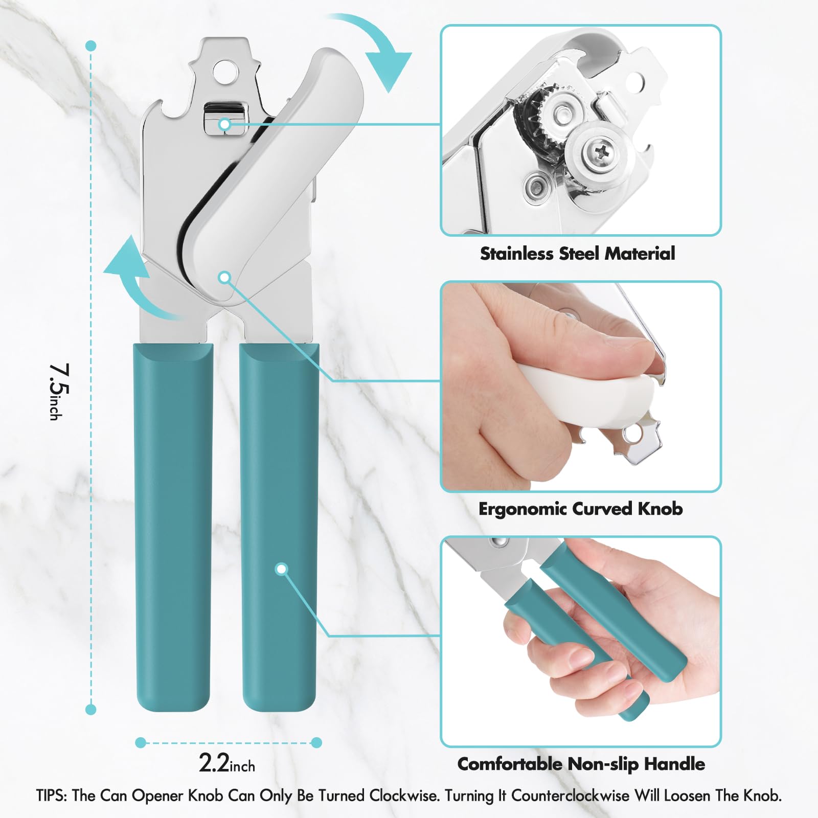 Abrelatas manual, abrelatas de mano con asas antideslizantes cómodas, abrelatas de acero inoxidable resistente, borde liso y abrebotellas, abrelatas de fácil giro para personas mayores