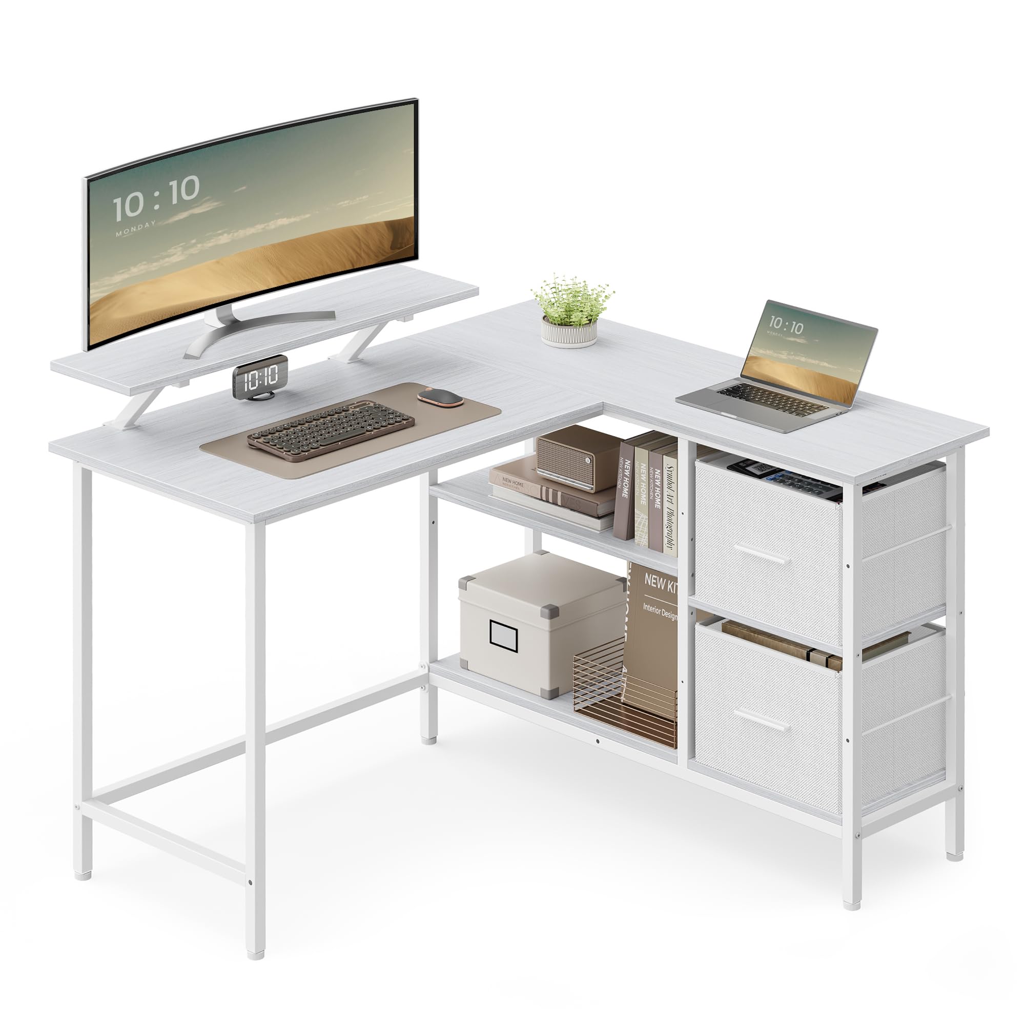 VASAGLE Escritorio en Forma de L, Esquinero, con 2 Amplios Cajones, Mesa con Soporte para Monitor, para Esquina, con Estante Ajustable, para Oficina Casa, Blanco Arce LWD097W01