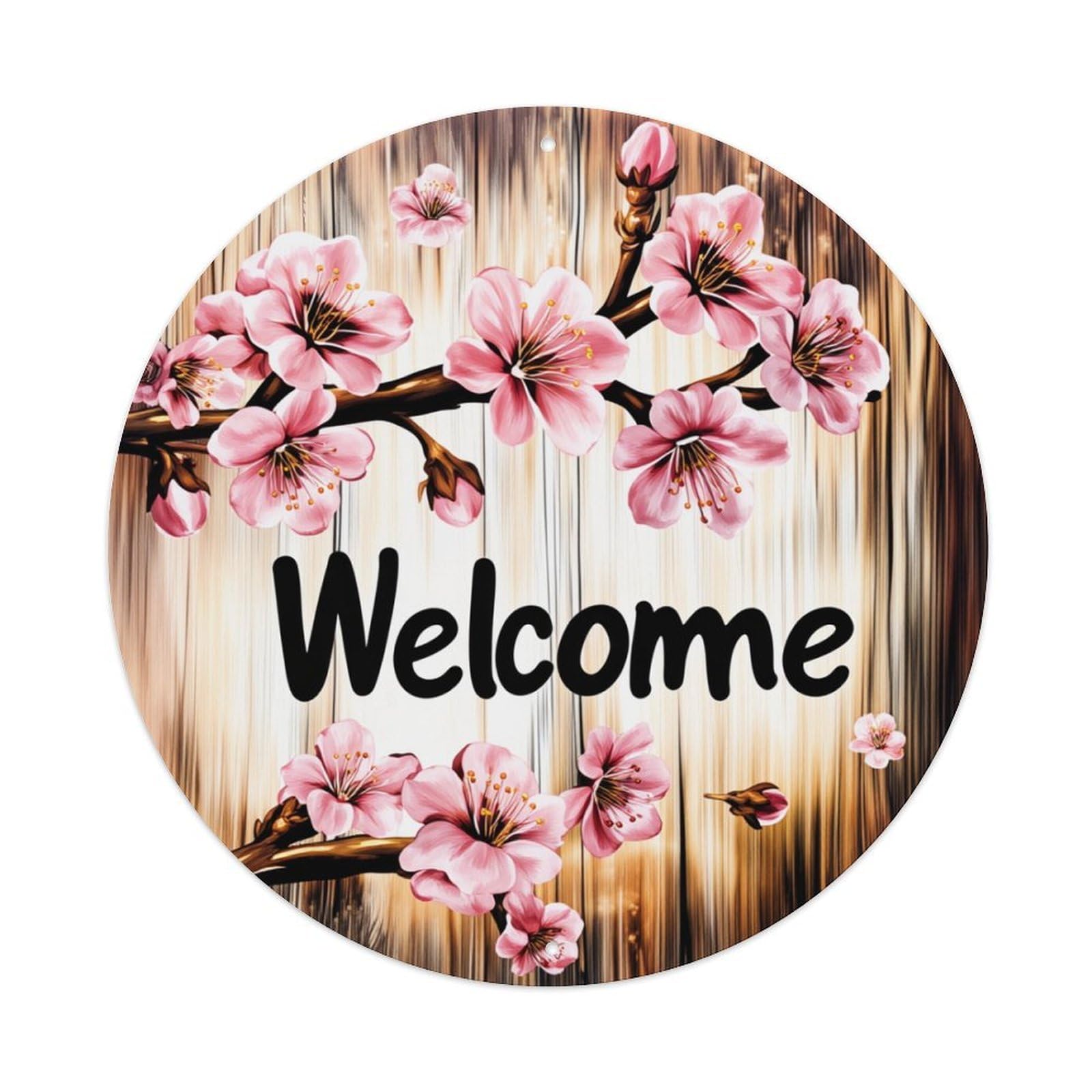 Cherry Blossom Wood Background Welcome Round Tin Sign Retro Metal Sign for Cafe Bar Pub Home Game Room Gym Club Wall Decoration Vintage Metal Poster 8x8 Inch