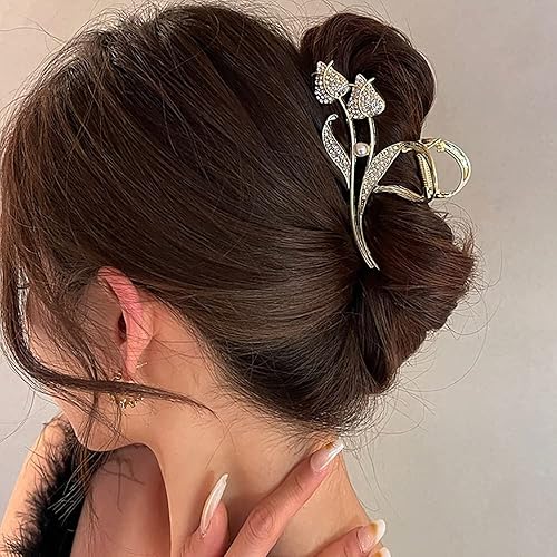 Miniatura 4 de Pinzas para el cabello con diseño de flores, pinzas grandes de metal dorado con diamantes de imitación, accesorios de peinado con forma de tulipán