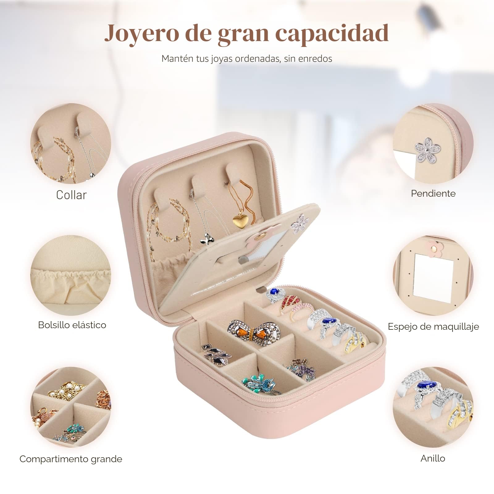 Talifoca Joyero de Viaje Con Espejo, Pequeño Para Mujeres y Niñas, de Cuero PU Para Pendientes, Anillos y Cadenas