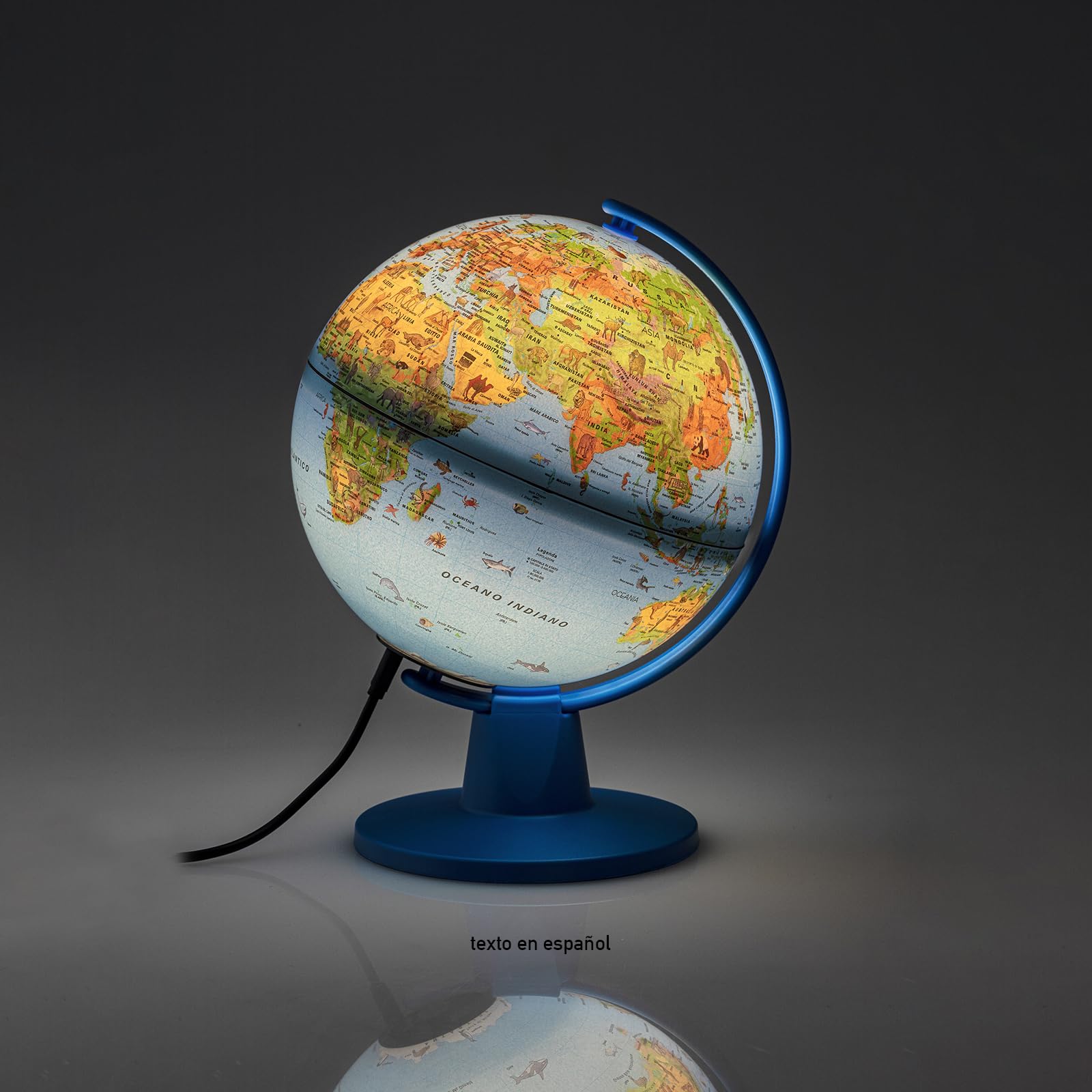 Tecnodidattica - Luce Safari | Pequeño Globo Terráqueo para Niños | Globo Giratorio e Iluminado para Montar | Cable USB | cartografía ilustrada| Diámetro de 16 cm