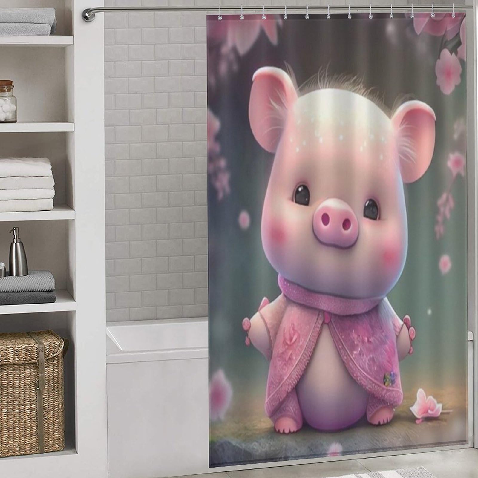 Rideau de douche cochon mignon 140x183cm en polyester imperméable