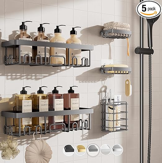 Veken Adhesive Shower Caddy 5-Pack,Heavy Weight Bearing,Large Wall Mounted Shower Shelves Rack,Organizer Storage Accessories with Soap Dish&Toothbrush Holder,Ideal for Bathroom,Home&Kitchen,Light Grey