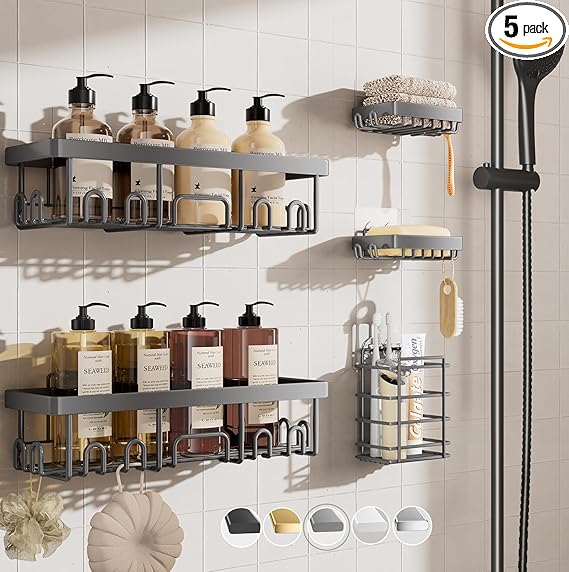Veken Adhesive Shower Caddy 5-Pack,Heavy Weight Bearing,Large Wall Mounted Shower Shelves Rack,Organizer Storage Accessories with Soap Dish&Toothbrush Holder,Ideal for Bathroom,Home&Kitchen,Light Grey