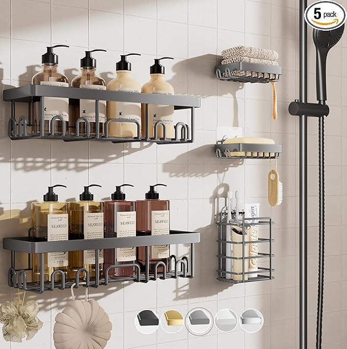 Veken Adhesive Shower Caddy 5-Pack,Heavy Weight Bearing,Large Wall Mounted Shower Shelves Rack,Organizer Storage Accessories with Soap Dish&Toothbrush Holder,Ideal for Bathroom,Home&Kitchen,Light Grey