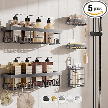 Veken Adhesive Shower Caddy 5-Pack,Heavy Weight Bearing,Large Wall Mounted Shower Shelves Rack,Organizer Storage Accessories with Soap Dish&Toothbrush Holder,Ideal for Bathroom,Home&Kitchen,Light Grey