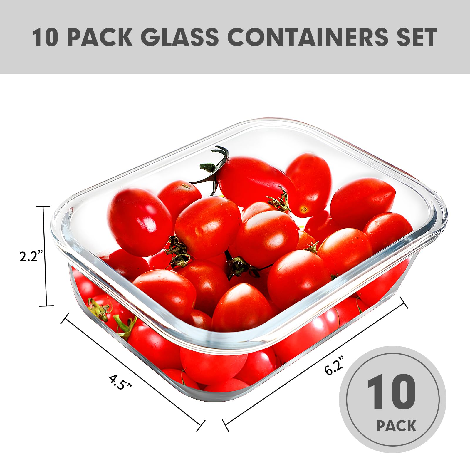 VERONES - Paquete de 10 recipientes de vidrio para preparación de comidas de 22 onzas, juego de recipientes de vidrio herméticos para almuerzo, recipientes de almacenamiento de alimentos con tapas