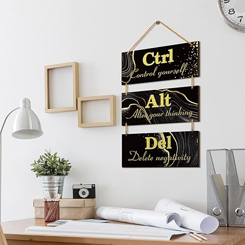 Miniatura 5 de Qunclay Decoración de pared de oficina negra y dorada Ctrl Alt Del inspirador rústico para colgar en la pared, letreros de madera, arte motivacional