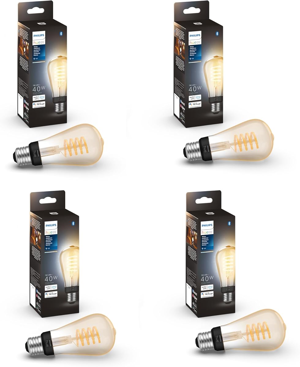 Philips Hue Smart Bombilla LED de filamento ST19 de 40 W - Luz blanca cálida a fría de ambiente blanco - Paquete de 4 - 550 lm - E26 - Interior - Control con aplicación Hue - Funciona con Alexa, Google Assistant y Apple Homekit