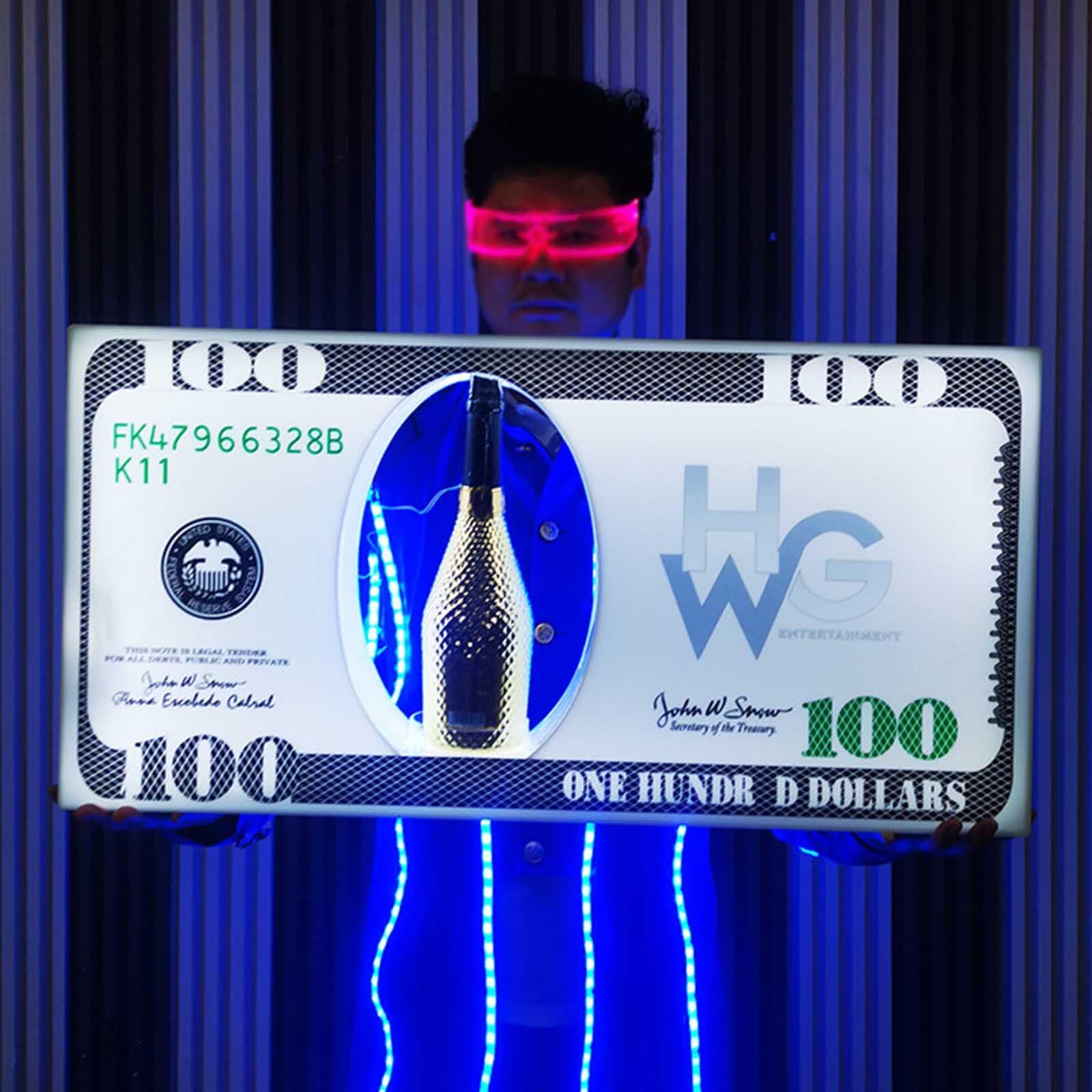 Display LED ricaricabile per bottiglie di champagne con barra luminosa e aspetto da 100 banconote, ideale per discoteca, villa e segnaletica VIP per feste private