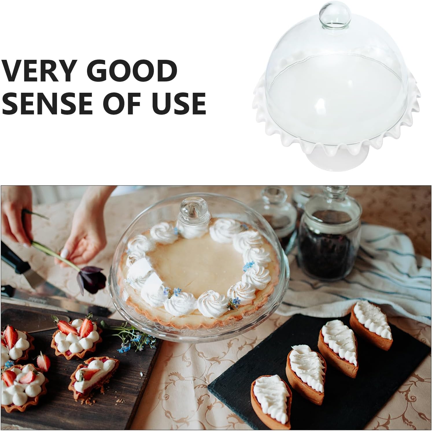 Cake Dome Glass Cover with 250mm Ceramic Plate Food Display Case Dustproof Serving Dome Suitable for Kitchen and Party Use