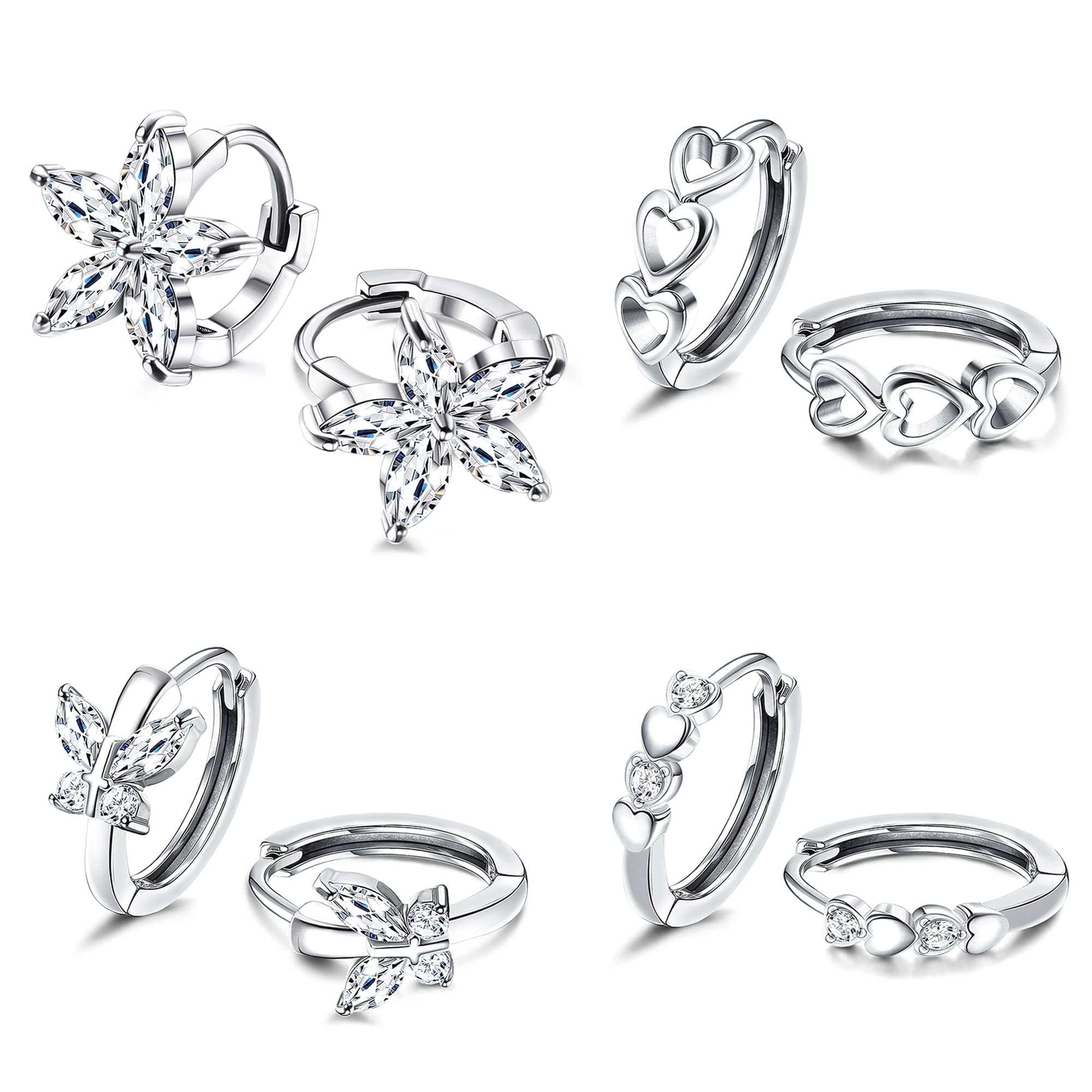 Finrezio4 Pairs Huggie Hoop Earrings Cubic Zirconia Sleeper Small Hoop Earrings for Teen Girls Women Stainless Steel Tiny Cute Cartilage Earrings Hinged Hoop Heart Butterfly Hoop Earrings