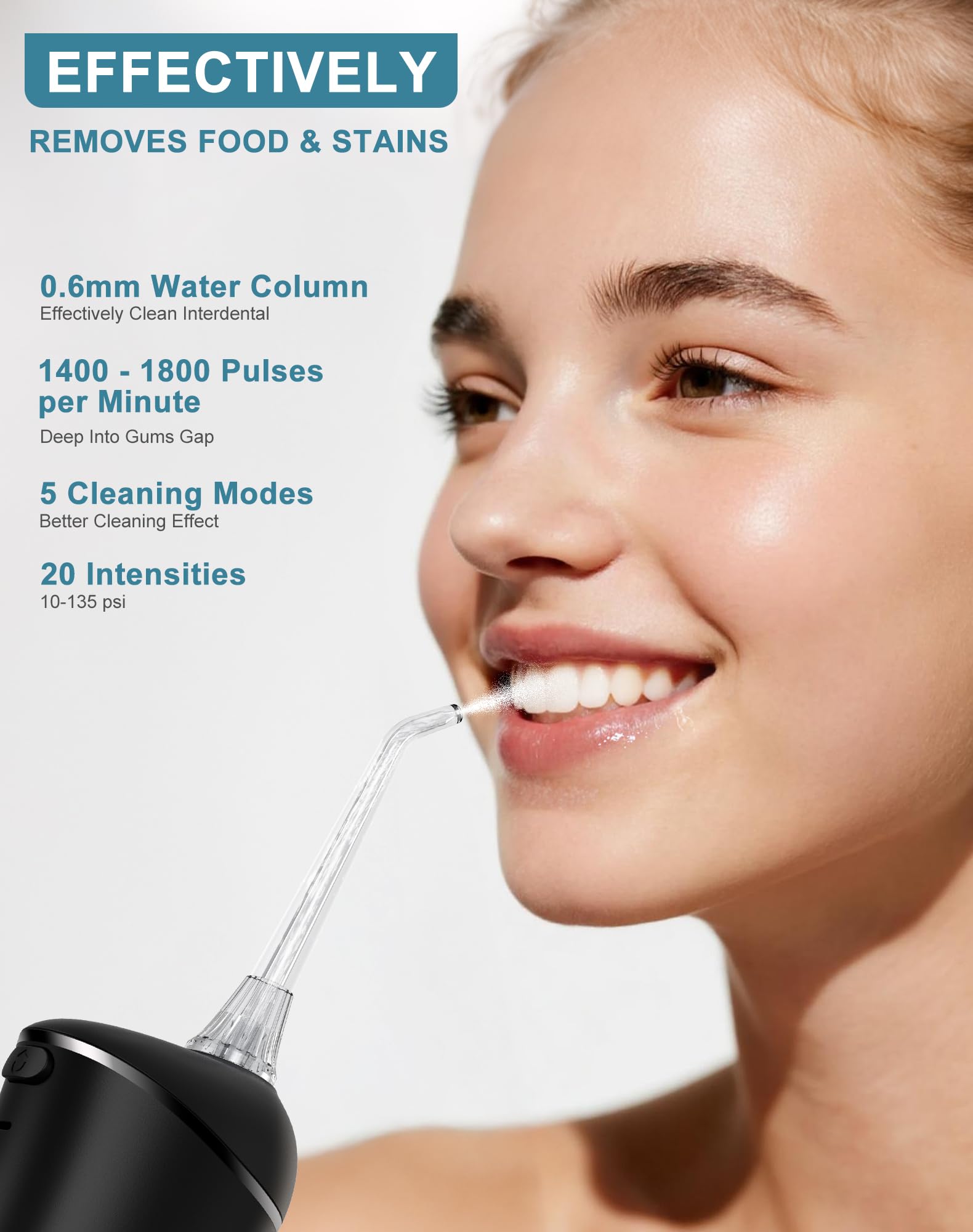Jet Dentaire Hydropulseur Portable, Hydropulseurs et Irrigateurs 5 Modes 20 Niveaux & 3 Intensités, Réservoir 300ml à Fond Détachable, Irrigateur Sans Fil IPX7, Sans BPA, Silencieux